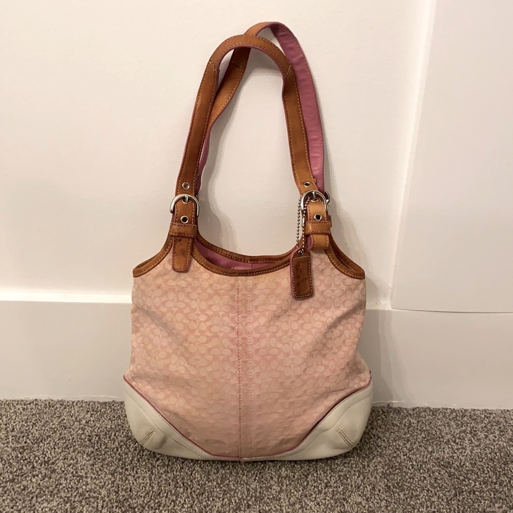 Coach Mini Signature Soho Hobo Purse, Pink/White